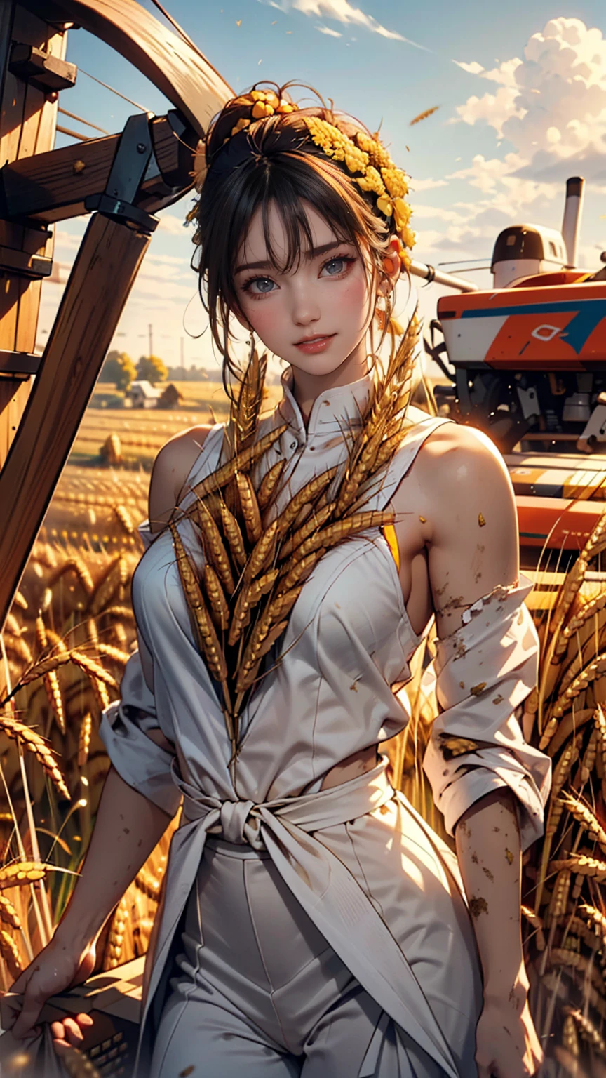 Korean women, (masterpiece, Beautiful person, Dirty smile), Virtual YouTube, Farm work in the countryside, (There are (Harvesting wheat: 1.4)), Fertilization, weeding, Ordinary face, No makeup, Country girl, ponytail, Detailed skin texture, Detailed cloth texture, Detailed and delicate face. masterpiece, Narrow waist, The body is slim.