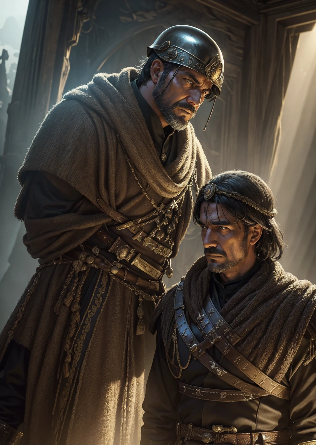 Cover of an epic thriller with two realistic Roman generals at either end of the image, with a cinematic look. Only their heads are visible, and they look firmly at each other. The general on the right wears an authentic Roman helmet, and the general on the left is equally detailed in Roman style. At the center, a businessman in a sharp suit is presented in depth, away from the generals. The background must depict a realistic war scenario, with meticulous detail and a sense of intensity and tension. Use cinematic visual effects, such as refined textures and vibrant colors to highlight characters and the environment. Include realistic volumetric light, subtle auras and rays for a striking and authentic visual impact.**avert away:Non-realistic drawing or illustration style.Fantasy elements or exaggerated effects that compromise the cinematic and realistic appearance.Flat or shiny textures that look artificial.Saturated or exaggerated colors that do not reflect a realistic war environment.Any element that appears out of context or creates a feeling of unreality.Unnatural or exaggerated light sources that distort the cinematic effect.
