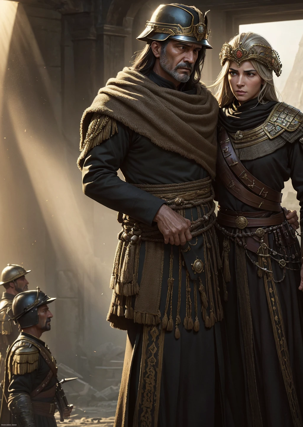 Cover of an epic thriller with two realistic Roman generals at either end of the image, with a cinematic look. Only their heads are visible, and they look firmly at each other. The general on the right wears an authentic Roman helmet, and the general on the left is equally detailed in Roman style. At the center, a businessman in a sharp suit is presented in depth, away from the generals. The background must depict a realistic war scenario, with meticulous detail and a sense of intensity and tension. Use cinematic visual effects, such as refined textures and vibrant colors to highlight characters and the environment. Include realistic volumetric light, subtle auras and rays for a striking and authentic visual impact.**avert away:Non-realistic drawing or illustration style.Fantasy elements or exaggerated effects that compromise the cinematic and realistic appearance.Flat or shiny textures that look artificial.Saturated or exaggerated colors that do not reflect a realistic war environment.Any element that appears out of context or creates a feeling of unreality.Unnatural or exaggerated light sources that distort the cinematic effect.