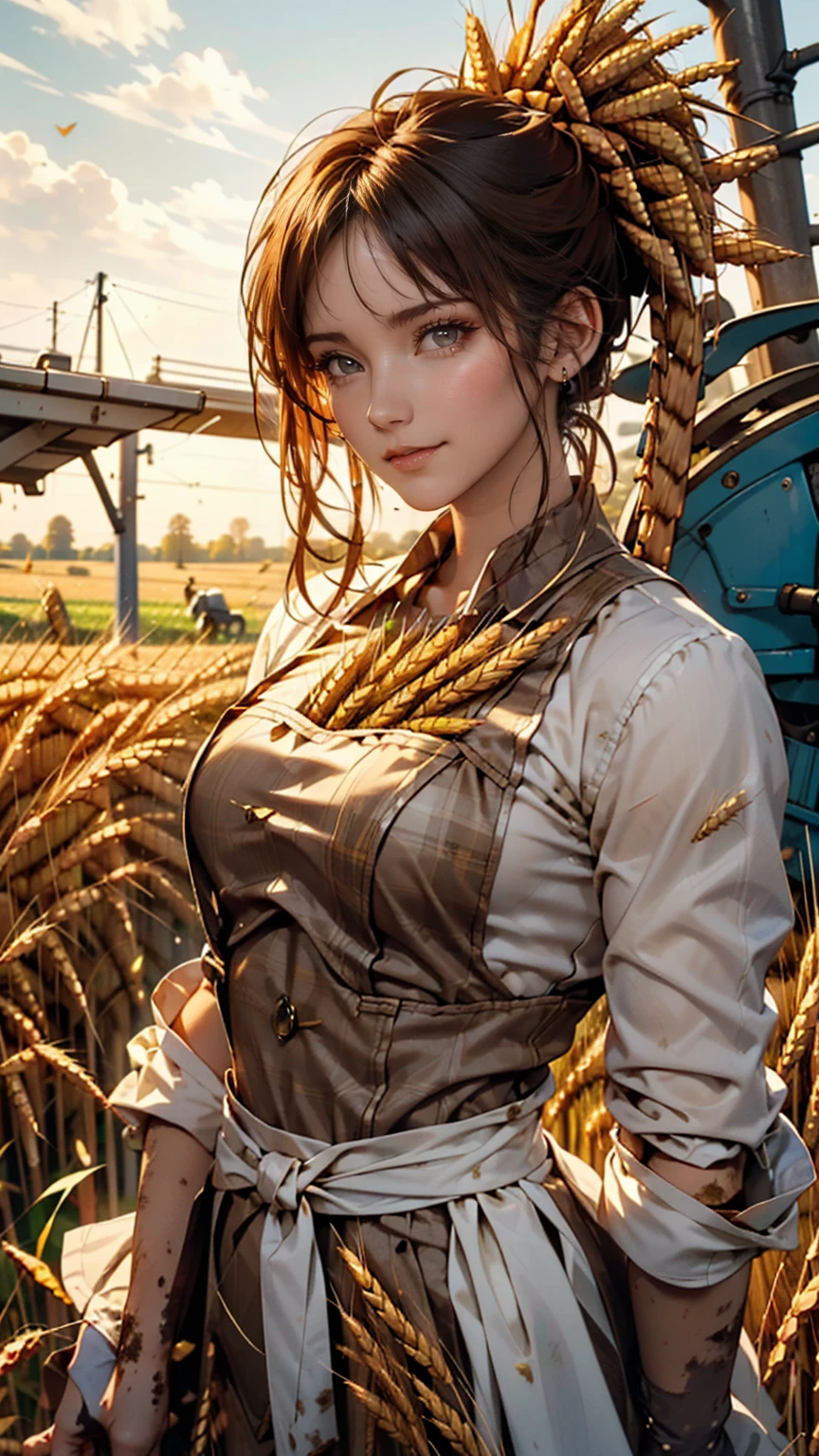 Korean women, (masterpiece, Beautiful person, Dirty smile), Virtual YouTube, Farm work in the countryside, (There are (Harvesting wheat: 1.4)), Fertilization, weeding, Ordinary face, No makeup, Country girl, ponytail, Detailed skin texture, Detailed cloth texture, Detailed and delicate face. masterpiece, Narrow waist, The body is slim.