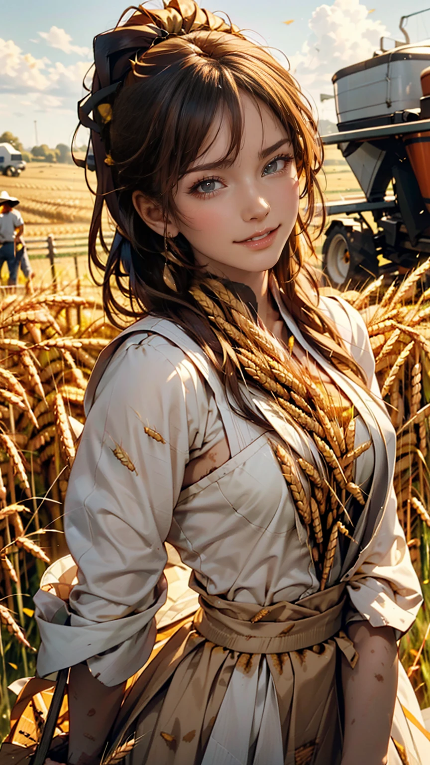 Korean women, (masterpiece, Beautiful person, Dirty smile), Virtual YouTube, Farm work in the countryside, (There are (Harvesting wheat: 1.4)), Fertilization, weeding, Ordinary face, No makeup, Country girl, ponytail, Detailed skin texture, Detailed cloth texture, Detailed and delicate face. masterpiece, Narrow waist, The body is slim.