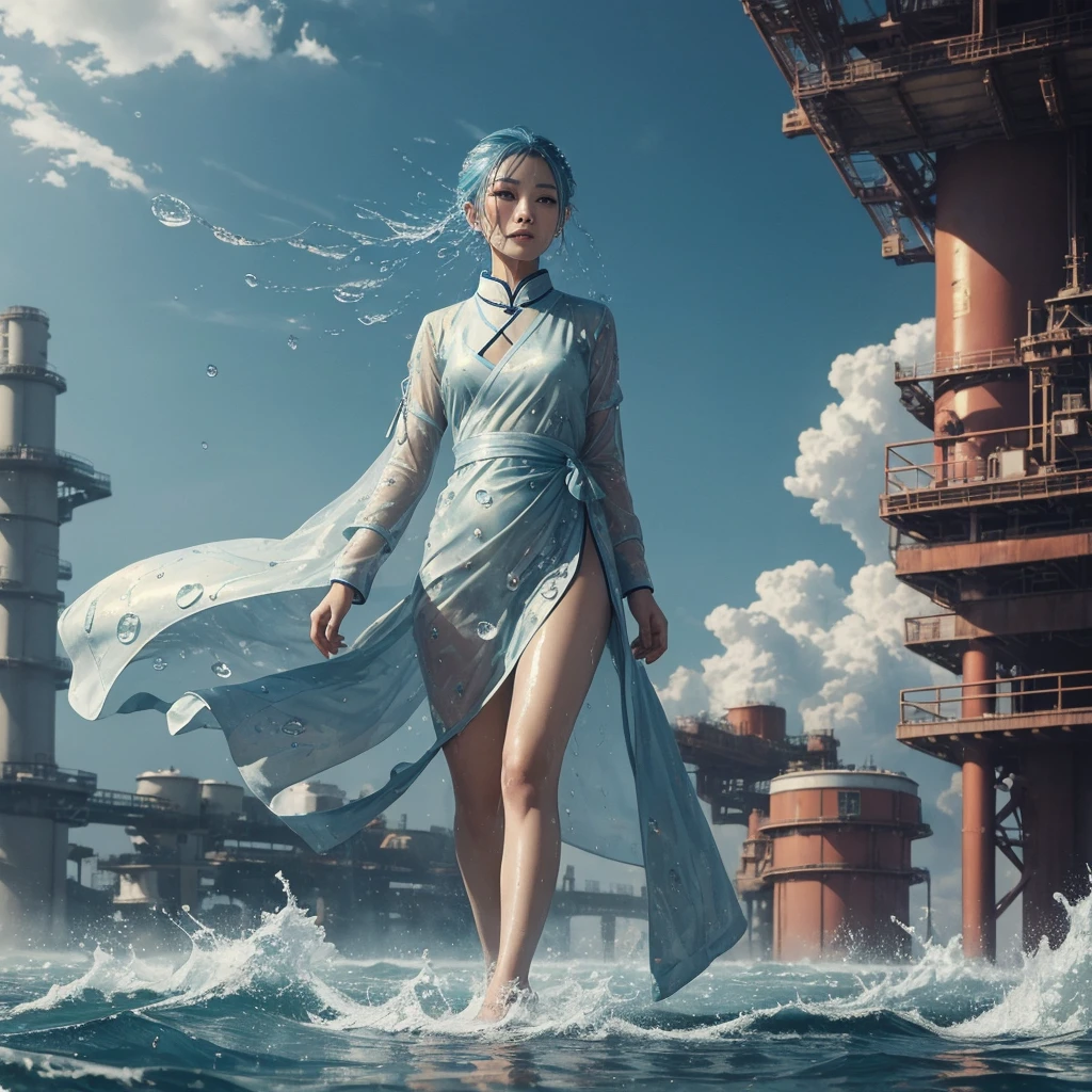 ((best quality)) , ((masterpiece)) , (detailed),Color splash, Ghostly Astronaut (Li Gong:1.3) , wearing Shabby Chic Wrap dress, has metallic plating, Colored hair, Fossil fuel power station in background,((water drops)),wet clothes,((beautiful detailed water)),((floating)),dynamic angle
