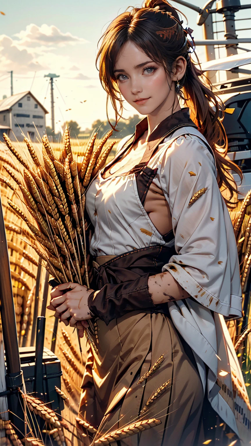 Korean women, (masterpiece, Beautiful person, Dirty smile), Virtual YouTube, Farm work in the countryside, (There are (Harvesting wheat: 1.4)), Fertilization, weeding, Ordinary face, No makeup, Country girl, ponytail, Detailed skin texture, Detailed cloth texture, Detailed and delicate face. masterpiece, Narrow waist, The body is slim.