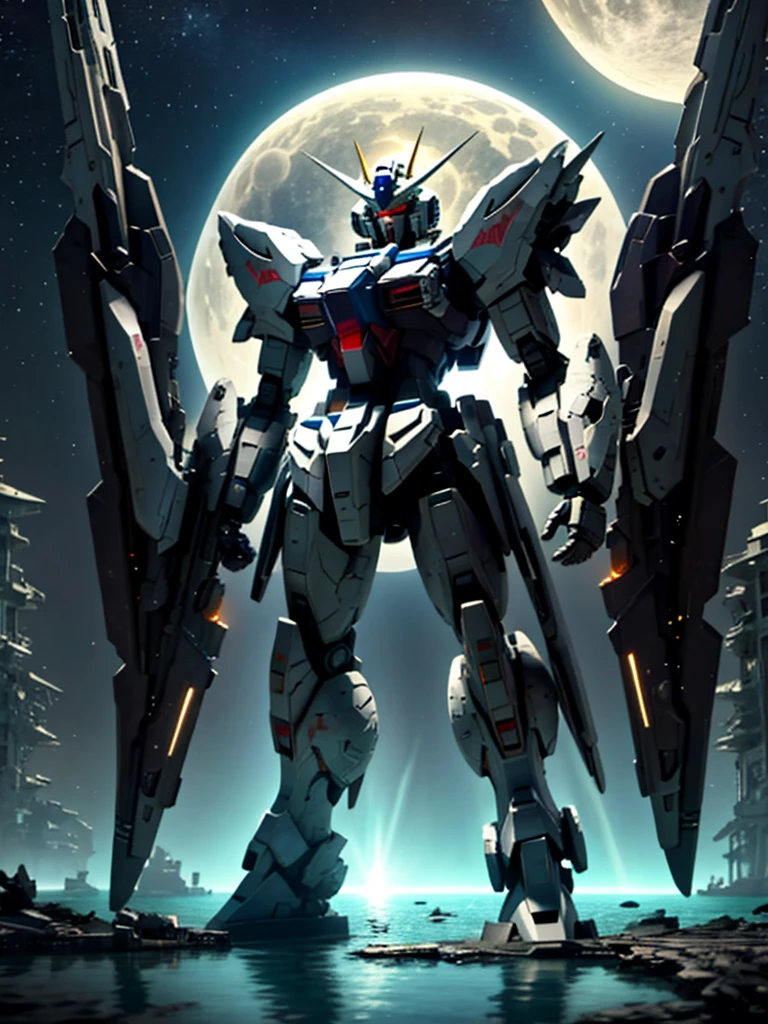 New launch century Gundam X, big moon, A fallen and destroyed space colony, Desolate Land, Broken Building, Submerged town, lake surface, Floating on the water, (standing on tiptoe:1.8), Satellite Cannon, Beautiful scenery, high resolution, Beautiful night sky, Multicolored light, Clean light, large on the back４Feathers、water surface, carrying a large cannon on his back, Super-high resolution、4K、countless stars々、overlooking, I'm poised, Firing regime, Bit-mobile suit around、