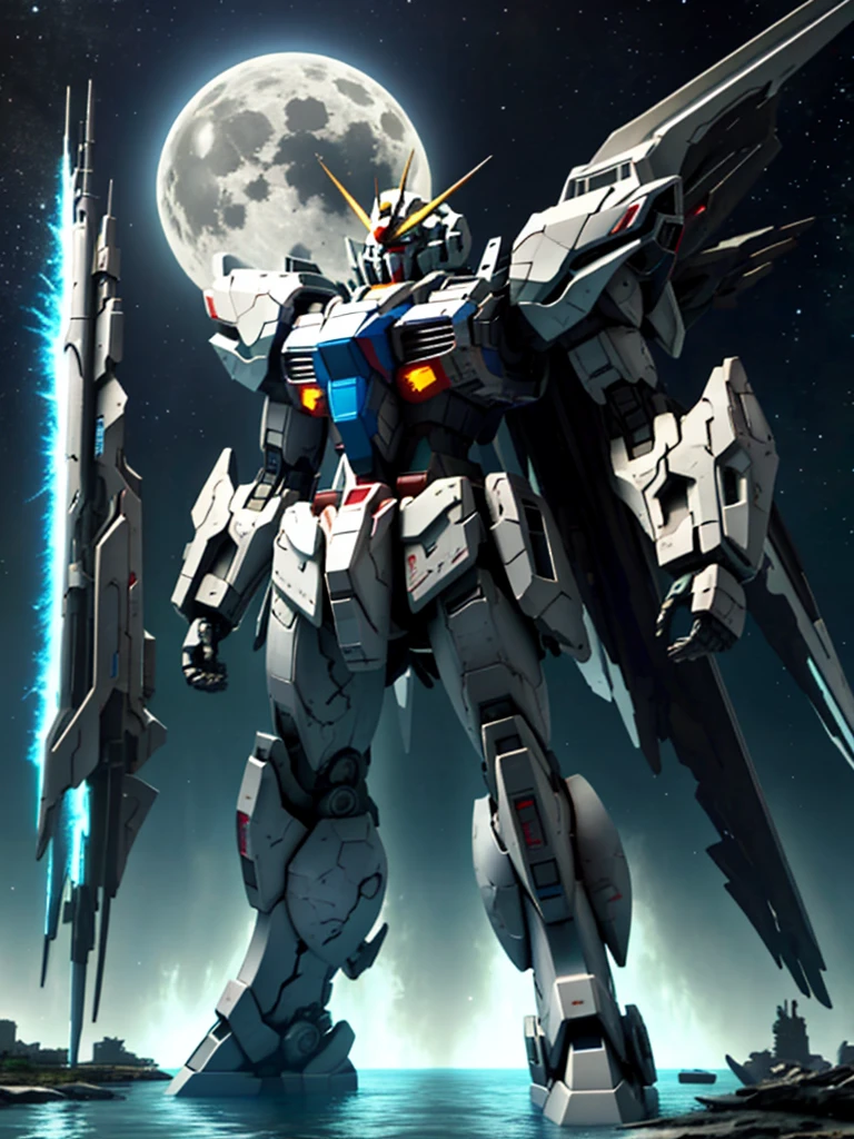 New launch century Gundam X, big moon, A fallen and destroyed space colony, Desolate Land, Broken Building, Submerged town, lake surface, Floating on the water, (standing on tiptoe:1.8), Satellite Cannon, Beautiful scenery, high resolution, Beautiful night sky, Multicolored light, Clean light, large on the back4Feathers、water surface, carrying a large cannon on his back, Super-high resolution、4K、countless stars々、overlooking, I'm poised, Firing regime, Bit-mobile suit around、