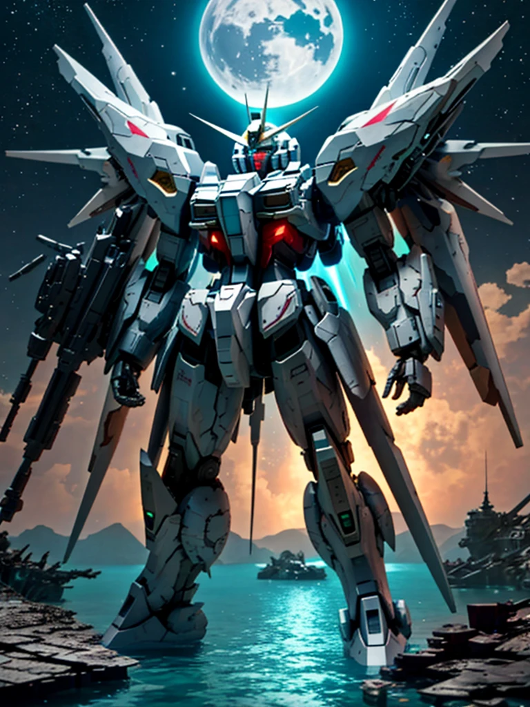 New launch century Gundam X, big moon, A fallen and destroyed space colony, Desolate Land, Broken Building, Submerged town, lake surface, Floating on the water, (standing on tiptoe:1.8), Satellite Cannon, Beautiful scenery, high resolution, Beautiful night sky, Multicolored light, Clean light, large on the back４Feathers、water surface, carrying a large cannon on his back, Super-high resolution、4K、countless stars々、overlooking, I'm poised, Firing regime, Bit-mobile suit around、