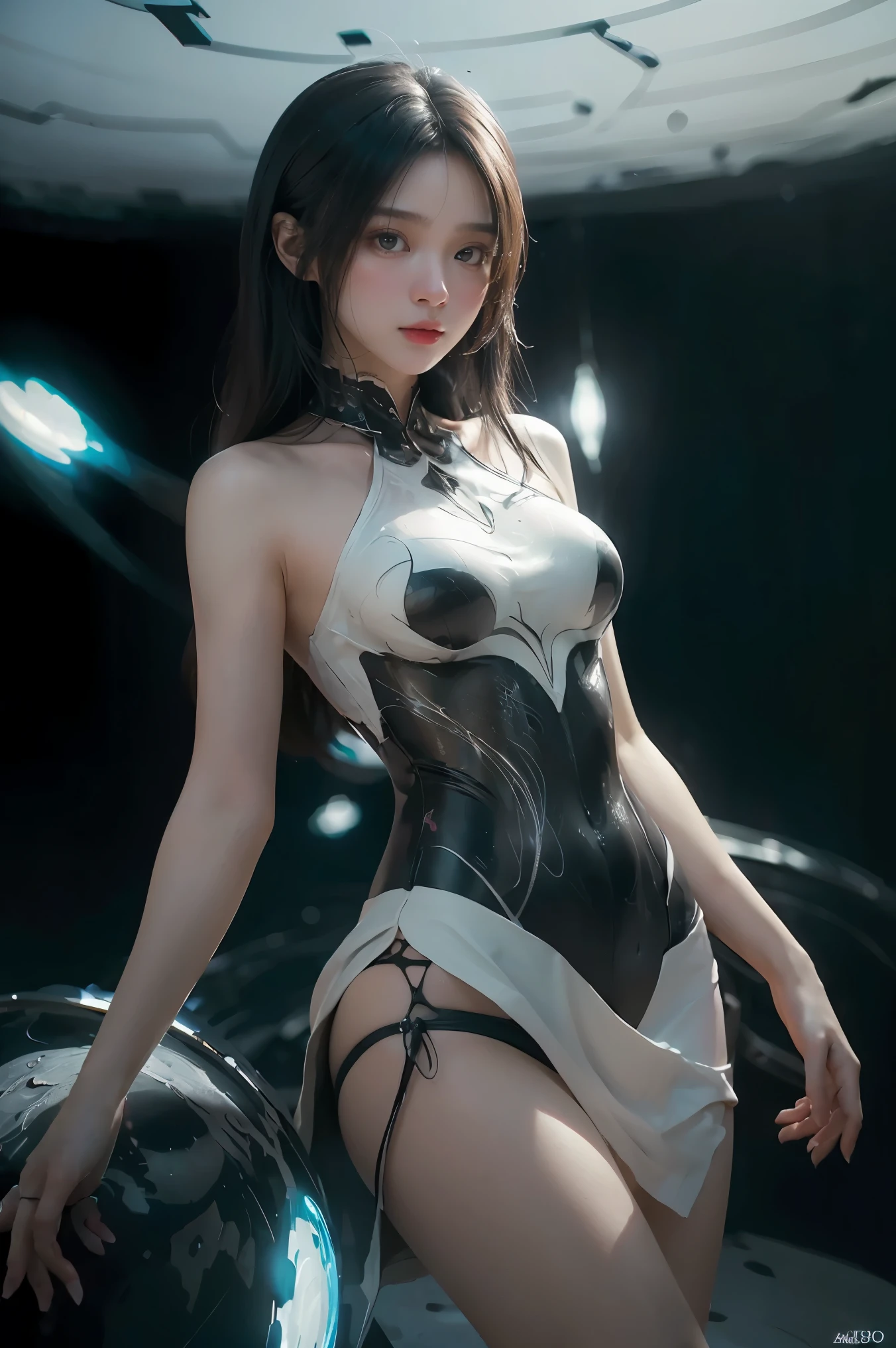 ((masterpiece, best quality)), ultra detailed 8k, photorealistic, sharp focus, highly detailed, professional lighting , shadowmancer, photo of a woman, ink particle, ((swirling black ink floating around)), futuristic fantasy, futuristic white dress, dynamic pose, realistic, masterpiece, intricate details, detailed background, depth of field,