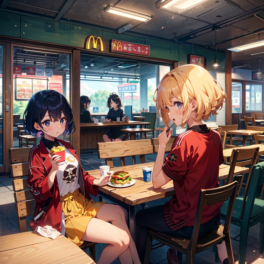 {{{Masterpiece, highest quality, high resolution background}}}, bright and beautiful atmosphere, 3 girls (2 years old, 1 short-tempered round face), 1  (hair, surface effects), small breasts, summer clothes, McDonald's, McDonald's food on the desk, stylish clothes, girls eating deliciously, sitting on chairs, "deltamon_sdXL :0.73) >Deltamon"
