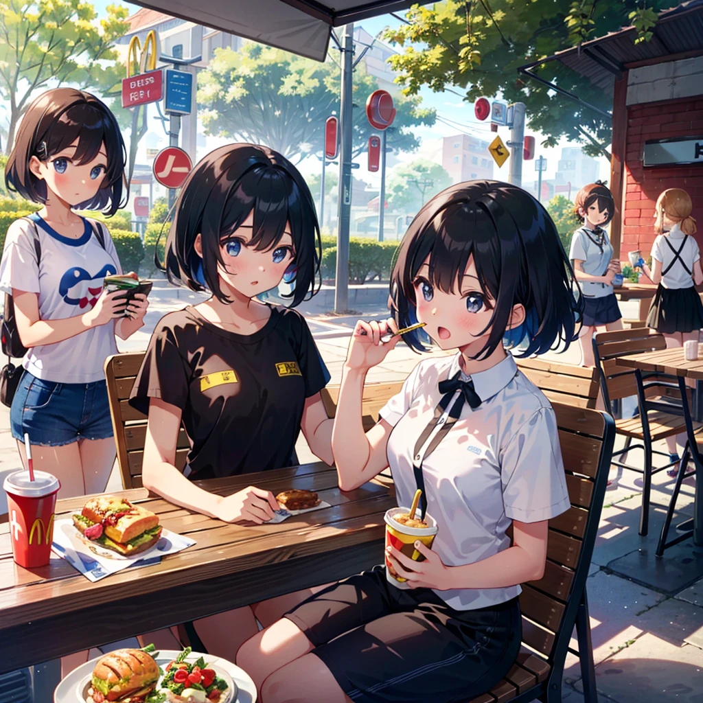 {{{Masterpiece, highest quality, high resolution background}}}, bright and beautiful atmosphere, 3 girls (2 years old, 1 short-tempered round face), 1 (hair, surface effects), small breasts, summer clothes, McDonald's, McDonald's food on the desk, stylish clothes, girls eating deliciously, sitting on chairs, "deltamon_sdXL :0.73) >Deltamon"