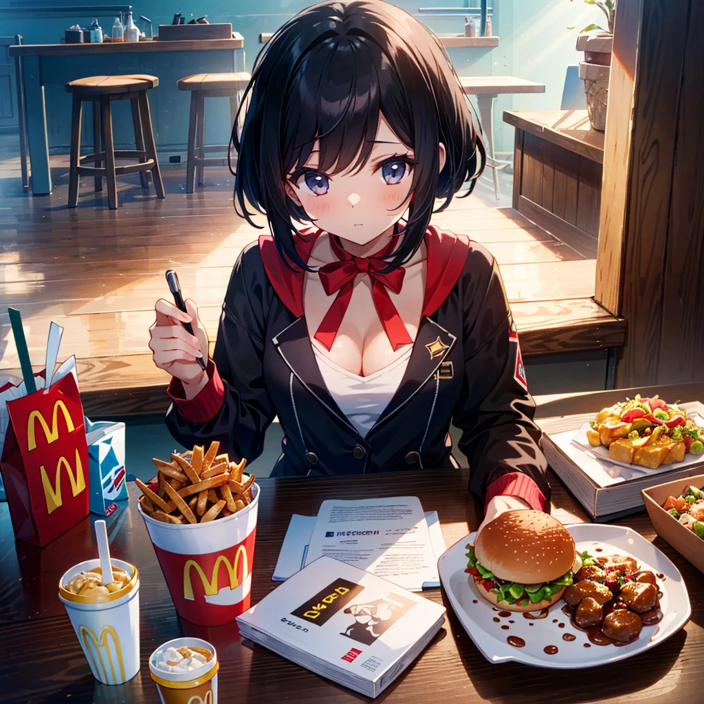 {{{Masterpiece, highest quality, high resolution background}}}, bright and beautiful atmosphere, 3 girls (, 1 short-tempered round face), 1 (hair, surface effects), small breasts, summer clothes, McDonald's, McDonald's food on the desk, stylish clothes, girls eating deliciously, sitting on chairs, "deltamon_sdXL :0.73) >Deltamon"