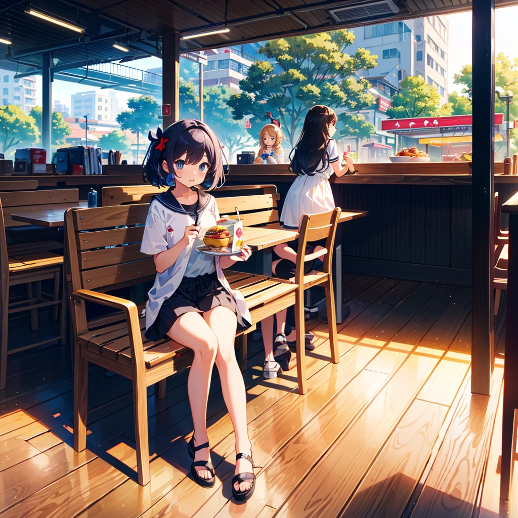 {{{Masterpiece, highest quality, high resolution background}}}, bright and beautiful atmosphere, 3 girls (2 years old, 1 short-tempered round face), 1 (hair, surface effects), small breasts, summer clothes, McDonald's, McDonald's food on the desk, stylish clothes, girls eating deliciously, sitting on chairs, "deltamon_sdXL :0.73) >Deltamon"