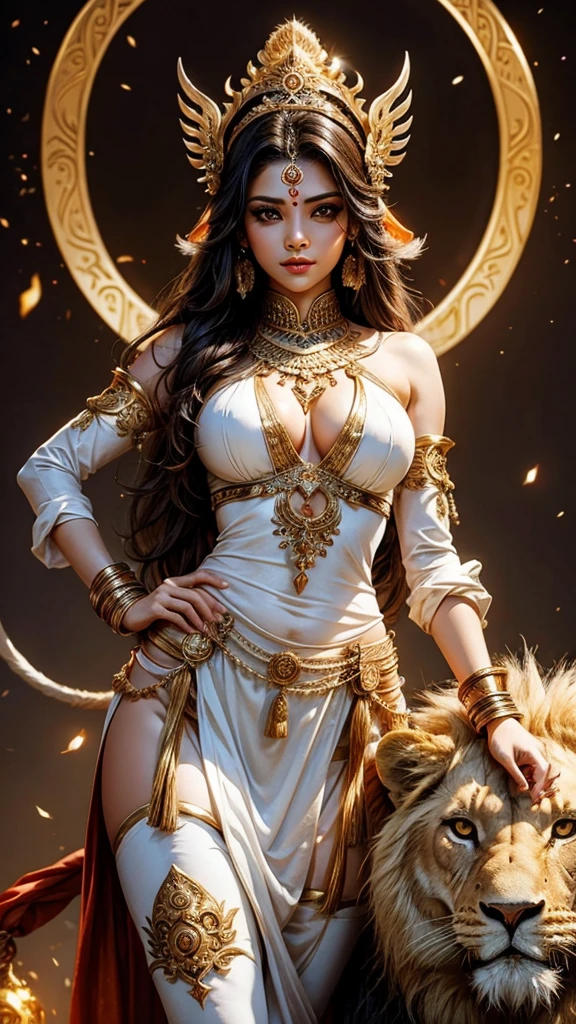 Sexy hot hindu female god white outfit holding trishul nearly lion beautiful face HD