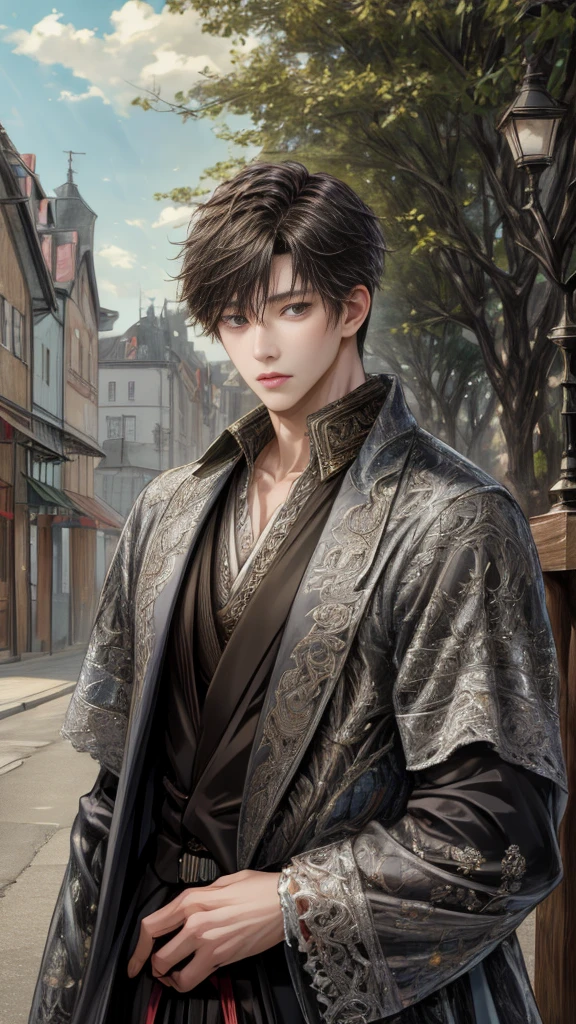 (absurdres, highres, ultra detailed, HDR), masterpiece, intricate, best quality, portrait of a character from Ikemen Shoujo Manga, a male idol in a detailed scenery town background