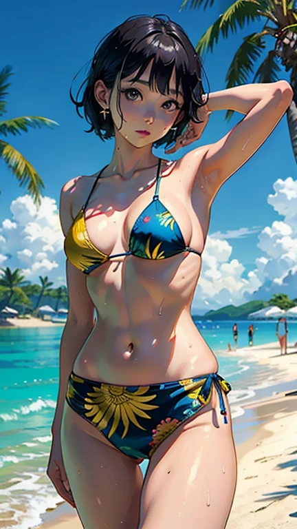 ((Highest quality, masterpiece, High resolution))、Beautiful Japanese Women、((Real anime art))、 ((1 girl))、 Normal size breasts、Slim figure、Medium Short Hair、double eyelid、Wet see-through bikini、A pareo with bold ethnic patterns and plenty of primary colors.、Realistic Skin、Wet、whole body、Cinematic Light、tropical、On the sunny beach、With the sea in the background、Blur the background、