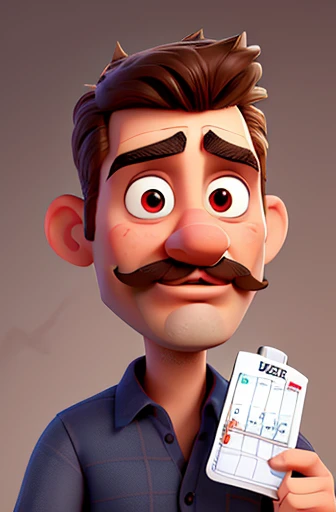Funny man with a small neat mustache and unshaven stubble on his face, with huge beautiful expressive cartoon eyes, holding a beautiful calendar in his hands, studio lighting, high detail