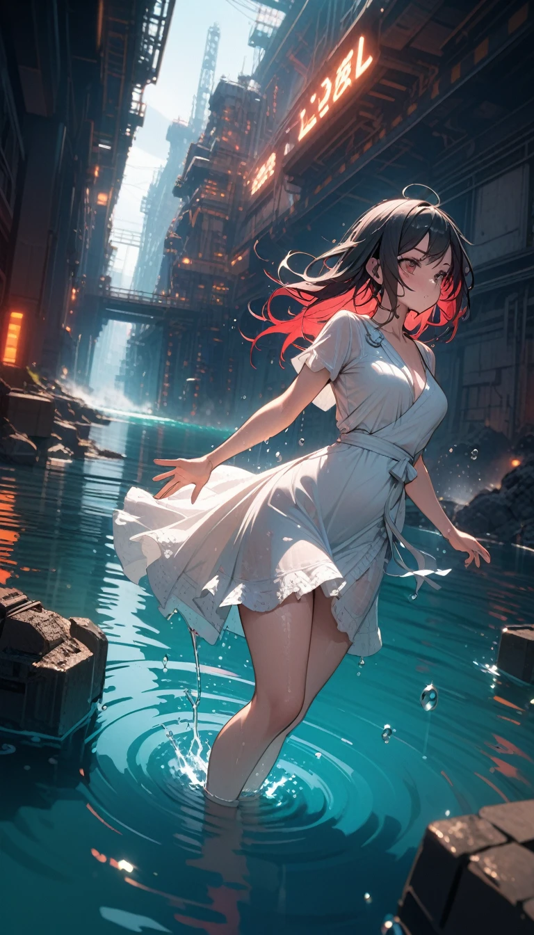 ((best quality)) , ((masterpiece)) , (detailed)，Color splash, Ghostly Astronaut (Li Gong:1.3) , wearing Shabby Chic Wrap dress, has metallic plating, Colored hair, Fossil fuel power station in background,((water drops)),wet clothes,((beautiful detailed water)),((floating)),dynamic angle
