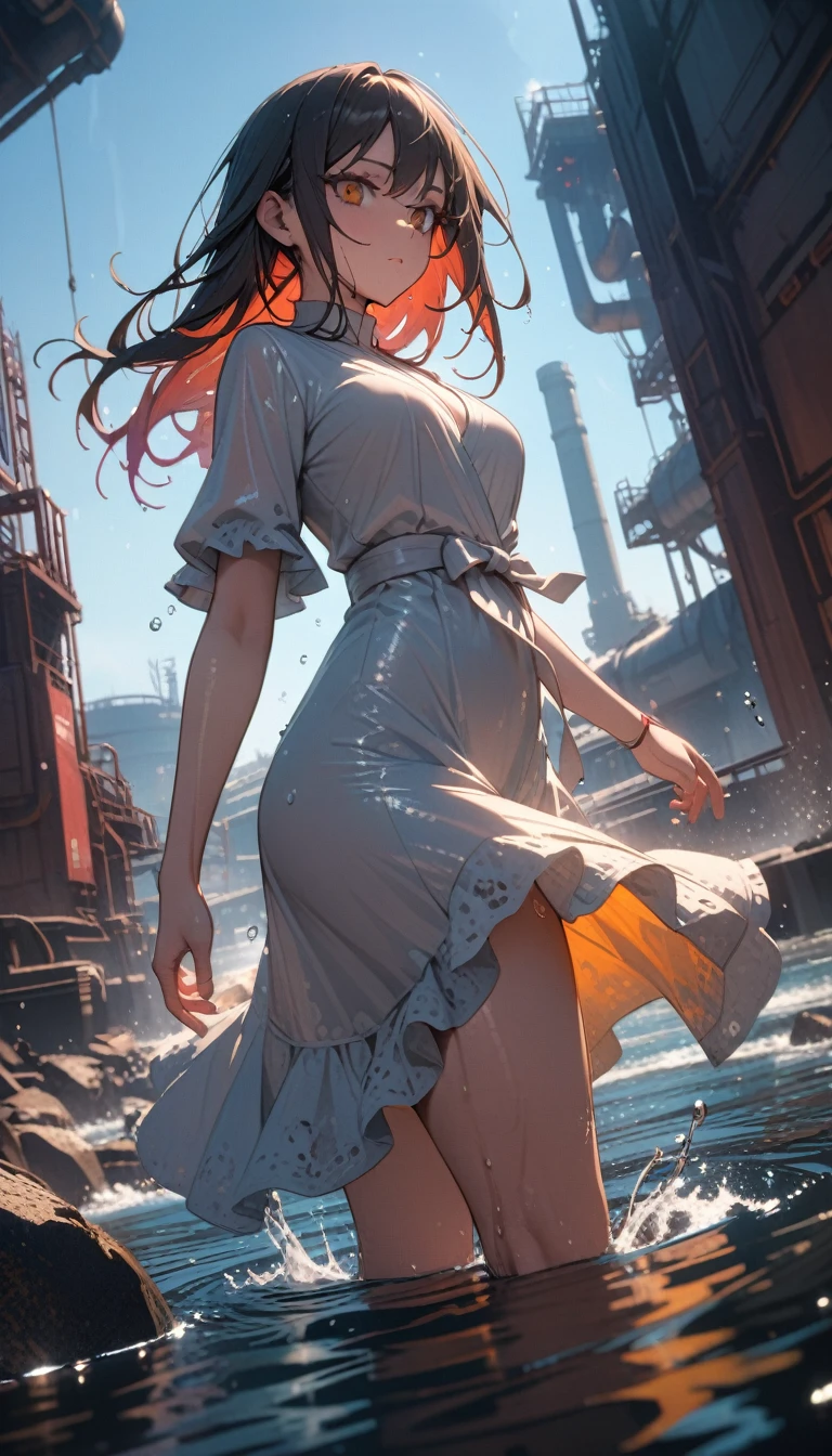 ((best quality)) , ((masterpiece)) , (detailed)，Color splash, Ghostly Astronaut (Li Gong:1.3) , wearing Shabby Chic Wrap dress, has metallic plating, Colored hair, Fossil fuel power station in background,((water drops)),wet clothes,((beautiful detailed water)),((floating)),dynamic angle
