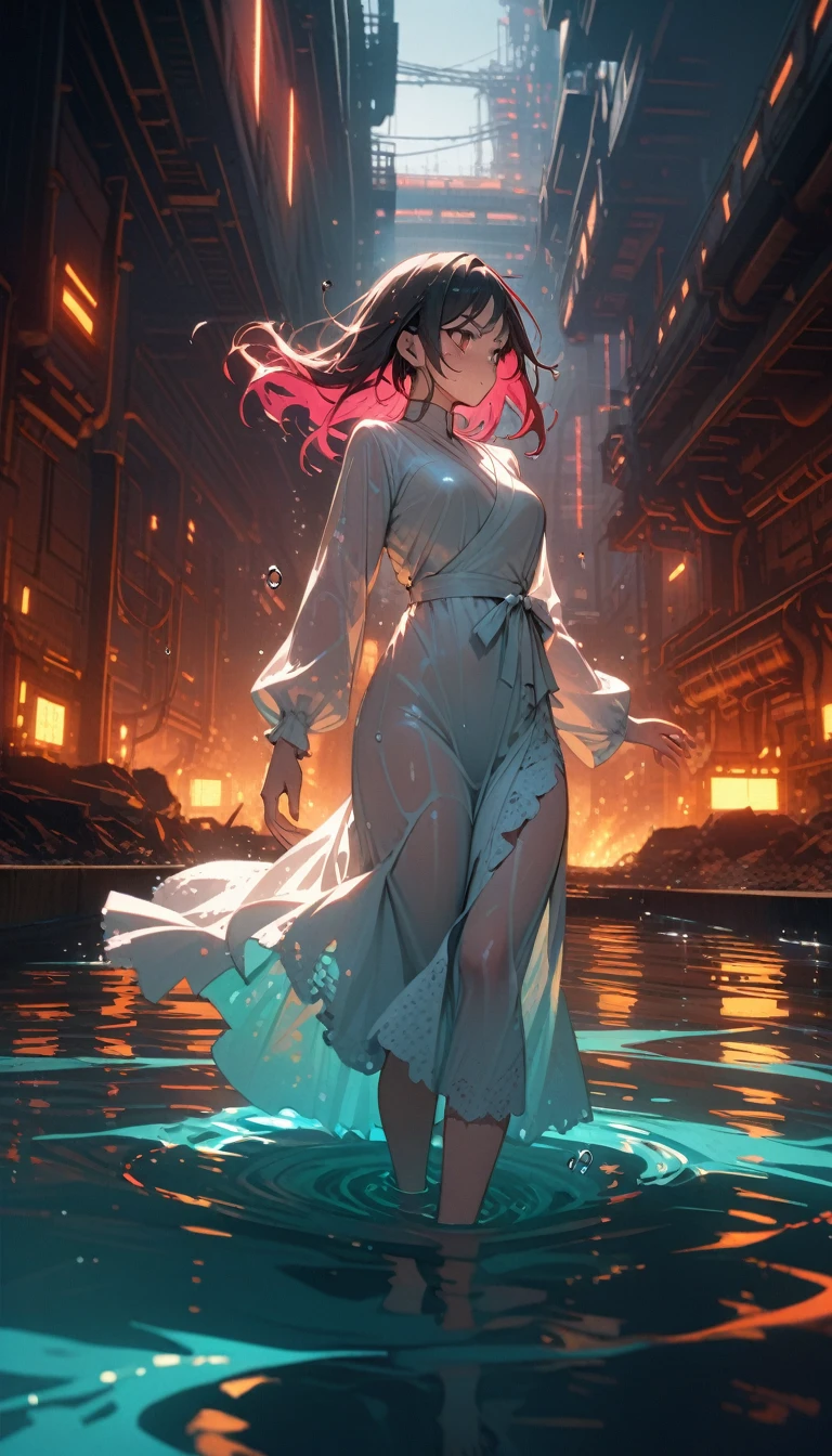 ((best quality)) , ((masterpiece)) , (detailed),Color splash, Ghostly Astronaut (Li Gong:1.3) , wearing Shabby Chic Wrap dress, has metallic plating, Colored hair, Fossil fuel power station in background,((water drops)),wet clothes,((beautiful detailed water)),((floating)),dynamic angle