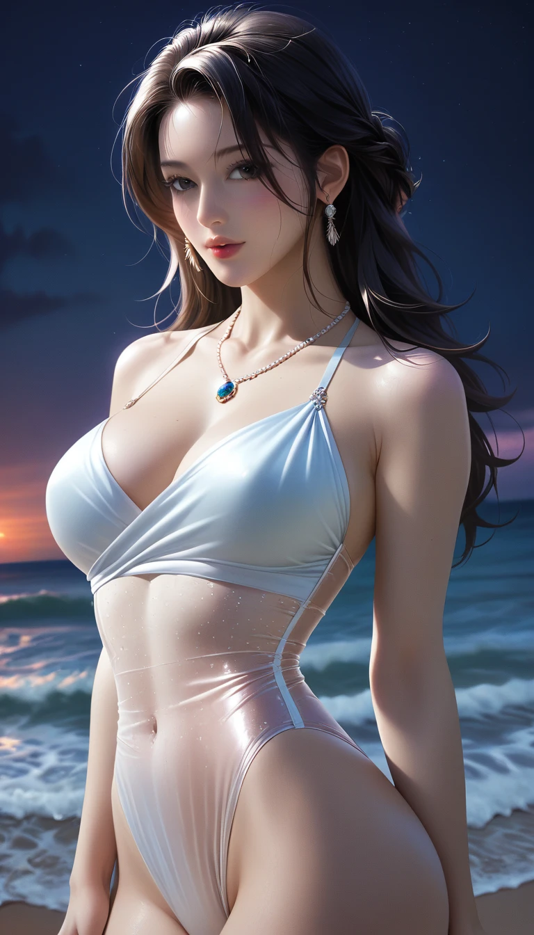 score_9, score_8_superior, score_7_superior, Masterpieces with up to 16K resolution,Highest quality,it is really amazing,Very detailed,Ultra-high resolution,(Ultra-realistic:1.1),(Realistic:1.1),Increased depth of field,Cinematic lighting,
Elegant Japanese MILF,
Long black hair,Ultra-detailed and beautiful faces,Translucent white skin,Very detailedな肌,
(Elegant white swimsuit:1.1),
Bold design,Artistic design,Beautiful and detailed pattern,Detailed fabric texture,
Gorgeous necklace,Earrings,
(Bali Beach:1.1),(Dark beach at night:1.1),(Deserted beach:1.1),(A pitch black night sky with dark clouds:1.1),
(Cinematic Angle:1.1),