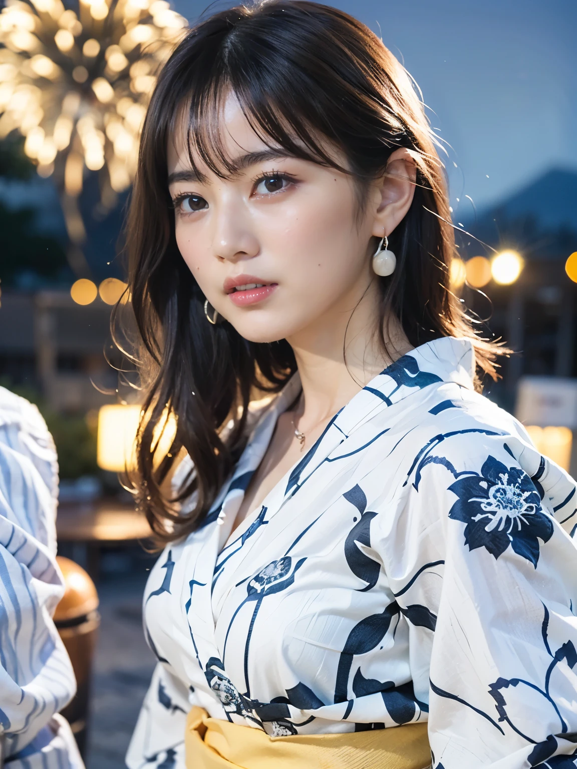 (masterpiece, 8k, best quality, RAW photo, photo realistic, ultra detailed), (insanely detailed and intricate), (Artstation), BREAK 1girl, (beautiful Japanese girl), fair skin, slender, 20yo, kawaii, cute, (detailed face), detailed eyes, blue eyes, (thin eyebrow), (detailed skin texture), (light brown hair), (casual wavy hair), (medium hair:1.4), blush, small breasts, cleavage, (wearing white yukata with floral patterns :1.4), (detailed fabric), (earrings), (necklace), (bracelet), (blank stare:1.4), (close-up face:1.2), (wistful:1.3), ((tears:1.4)), (dynamic motion), (standing by the riverside:1.3), BREAK (night:1.4), (dimly lighting:1.4), (darkness:1.4) (dynamic angle:1.4), (cowboy shot:1.4), (bokeh), BREAK (vibrant colorful fireworks:1.4), (her face illuminated by the fireworks as she gazes up in awe:1.4), (lantern-lit stalls of a summer festival add to the lively atmosphere:1.1), (Her hair gently sways in the breeze), In the background, distant mountains in the night sky complete the scene.