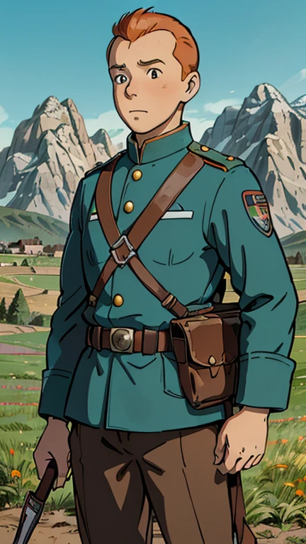 (Teens:1boy: Tintin,ww1ger), (extremely detailed CG unit 8k wallpaper),(master part), (best quality), (ultra detali), (best illustration),(melhor ombre), cowboy shot, (Sharp eyeliner, ombre, detailed eyes:1), mountains in the background, ranch land, ,break , (ghibli style), upper body,short hair, orange hair