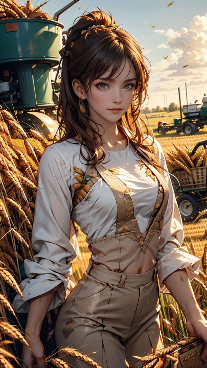 Korean women, (masterpiece, Beautiful person, Dirty smile), Virtual YouTube, Farm work in the countryside, (There are (Harvesting wheat: 1.4)), Fertilization, weeding, Ordinary face, No makeup, Country girl, ponytail, Detailed skin texture, Detailed cloth texture, Detailed and delicate face. masterpiece, Narrow waist, The body is slim.