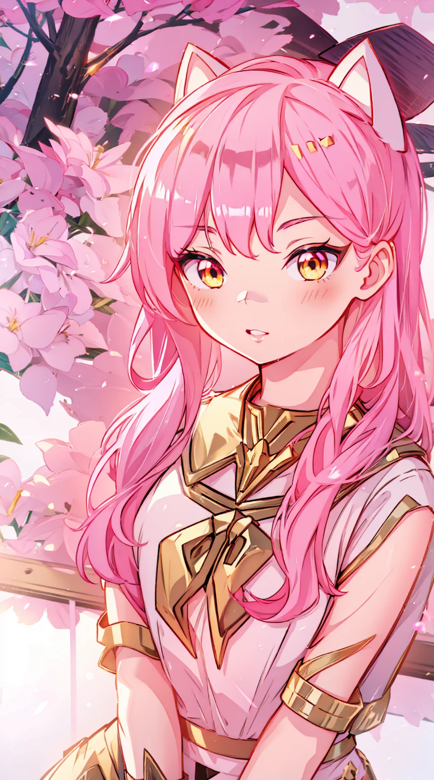An anime girl with cat ears. Fake cat ears, and the cat ears are gold-rimmed on the head, long pink hair, very long hair, bright pink hair, white miniskirt with gold belt, She wears white gloves on her hands, pinker BH pinker Tanger, around the neck a golden collar, View to the viewer,
sexly,, cute face",, orange eyes