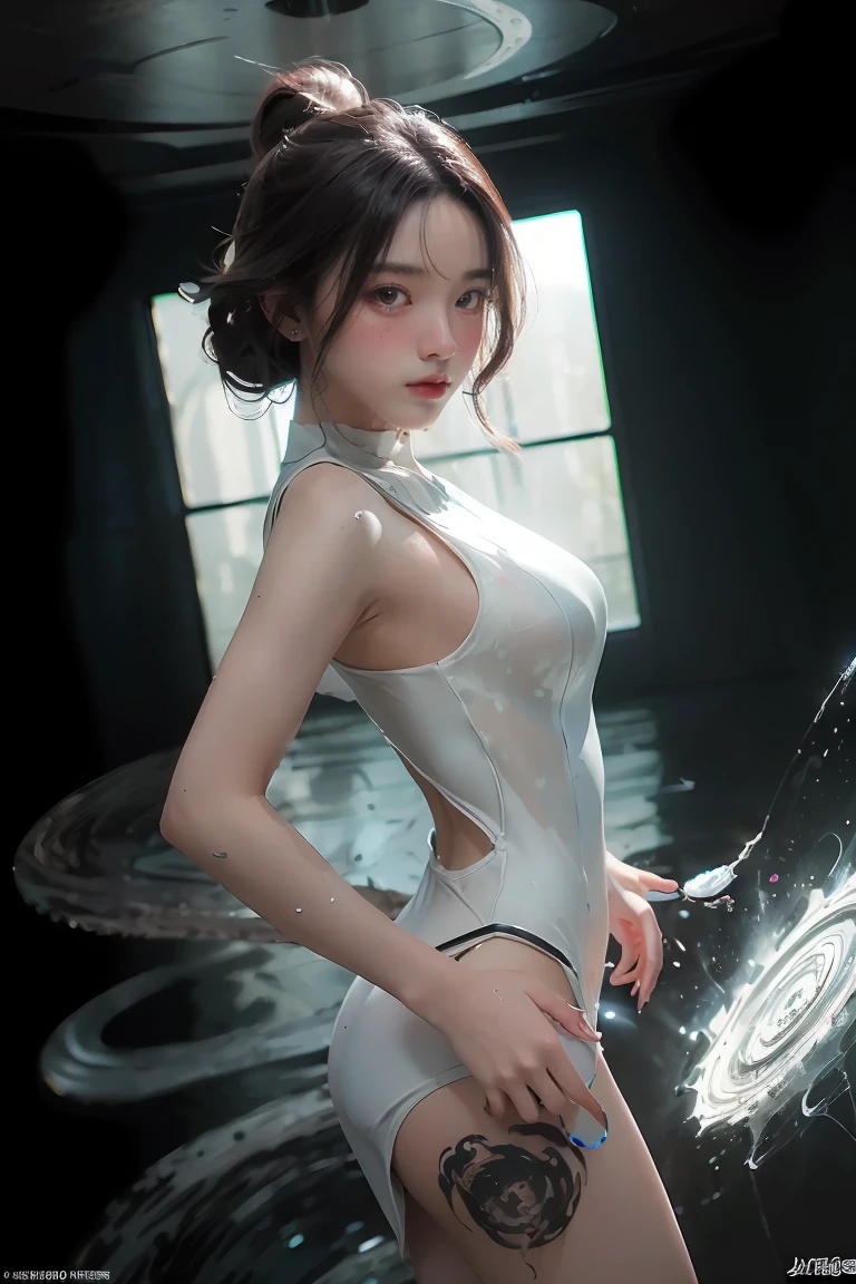 ((masterpiece, best quality)), ultra detailed 8k, photorealistic, sharp focus, highly detailed, professional lighting , shadowmancer, photo of a woman, ink particle, ((swirling black ink floating around)), futuristic fantasy, futuristic white dress, dynamic pose, realistic, masterpiece, intricate details, detailed background, depth of field,