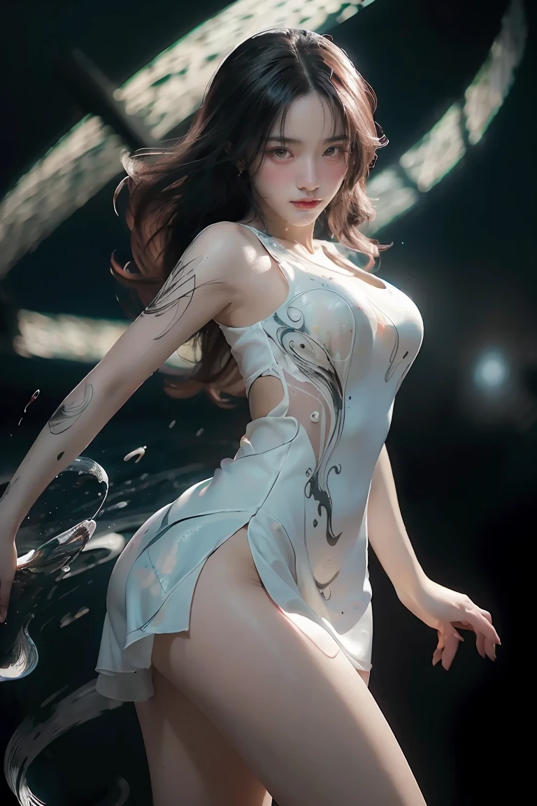 ((masterpiece, best quality)), ultra detailed 8k, photorealistic, sharp focus, highly detailed, professional lighting , shadowmancer, photo of a woman, ink particle, ((swirling black ink floating around)), futuristic fantasy, futuristic white dress, dynamic pose, realistic, masterpiece, intricate details, detailed background, depth of field,