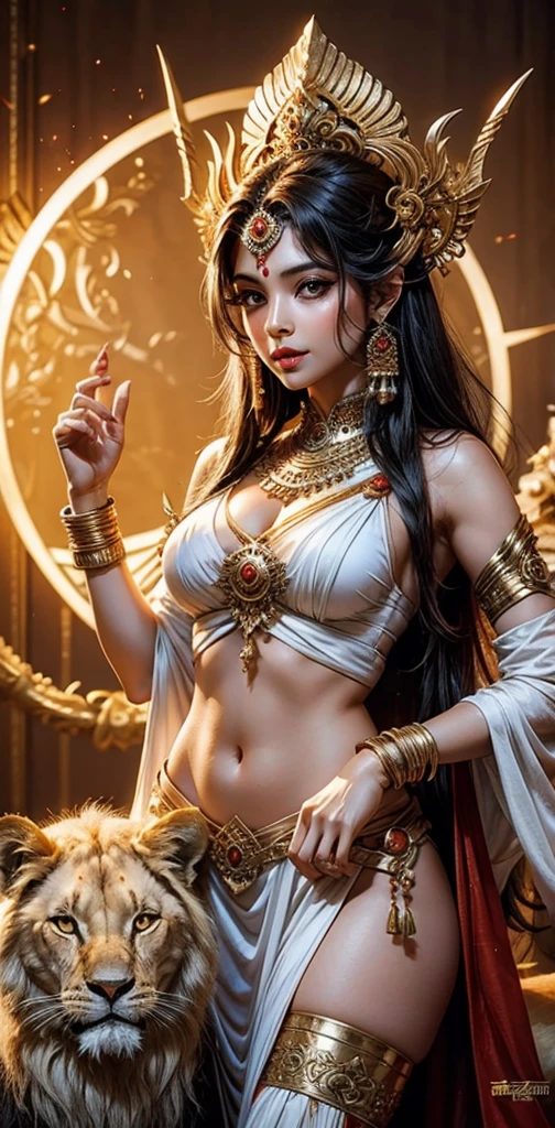 Sexy hot hindu female god white outfit holding trishul nearly lion beautiful face HD 