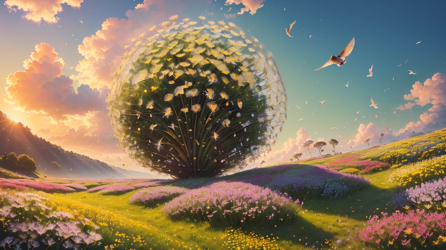 ((Highest quality)) , ((masterpiece)) , (detailed) ,in spring, ((Sea of Flowers)) , ((Flowers Meadow dandelion, elegant, debtine art, Birdcore, Lens debtlare, debt/5, debtilm Washi, Sharp lines, Sulky, , debtlickr, Octane engine, 8k resolution