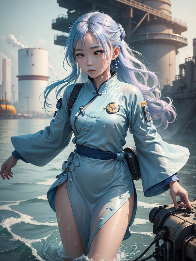 ((best quality)) , ((masterpiece)) , (detailed)，Color splash, Ghostly Astronaut (Li Gong:1.3) , wearing Shabby Chic Wrap dress, has metallic plating, Colored hair, Fossil fuel power station in background,((water drops)),wet clothes,((beautiful detailed water)),((floating)),dynamic angle
