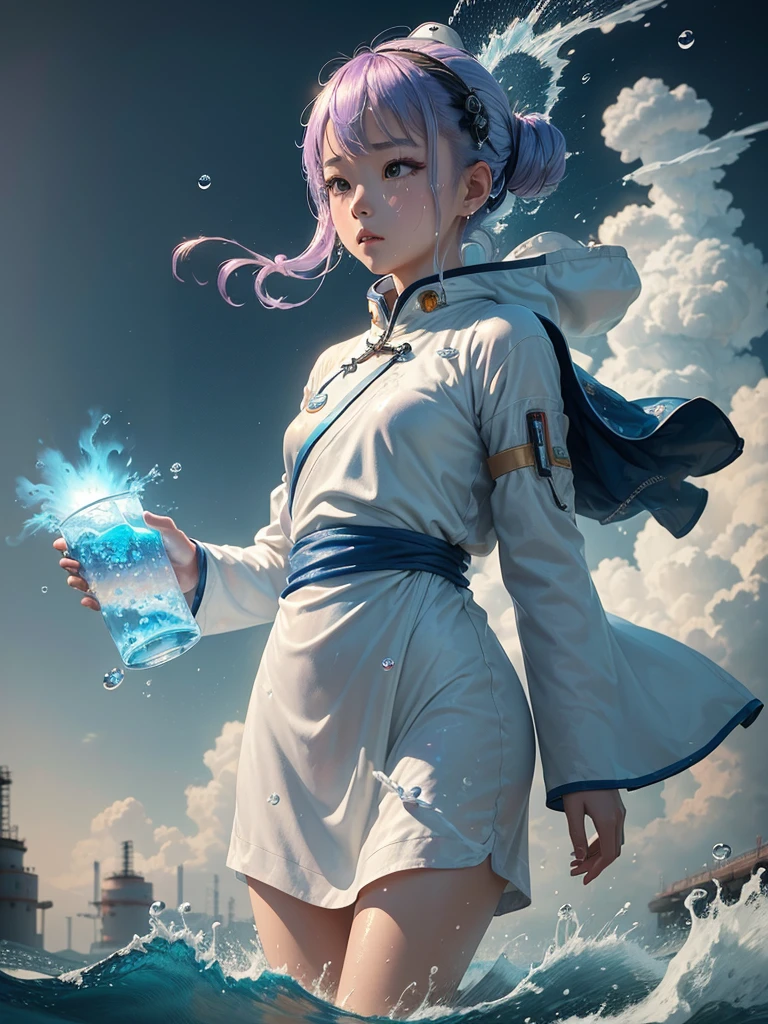 ((best quality)) , ((masterpiece)) , (detailed),Color splash, Ghostly Astronaut (Li Gong:1.3) , wearing Shabby Chic Wrap dress, has metallic plating, Colored hair, Fossil fuel power station in background,((water drops)),wet clothes,((beautiful detailed water)),((floating)),dynamic angle