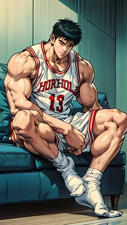 Male, Masculine, Hirsute, Red hair, European, flex, Pale skin, Sweat, basketball player, Hold a basketball, full bodyesbian, Barefoot, big feet, White socks, Playing basketball, Solo, 1 man, Jumps,wearing only his underwear, Naked, Topless