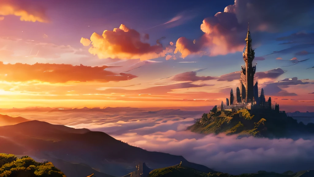 Best image quality,Fantasy,sea of clouds,sunset、Huge tower、Dragon Quest Wind、A tower with a strong presence