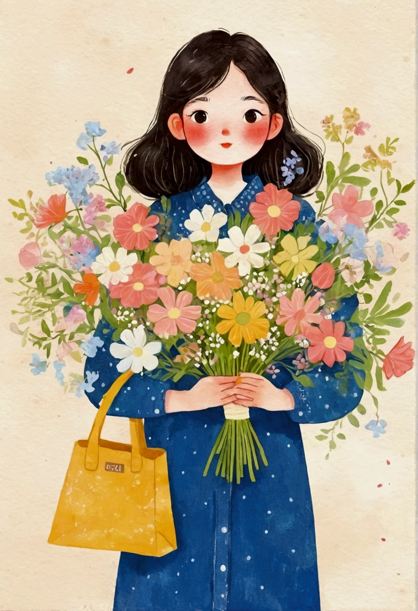 illustration of a girl holding a bouquet of flowers and a bag, Poster Art by Duan, pixiv, Folk Art, cute illustration, Samada, Japanese illustrator, Drawn in a whimsical style, colorfull illustration, #illustration, Lots of flowers, a beautiful artwork illustration, Nam Jae-yeon, illustration!, Bring flowers, Print!, beautiful digital illustration, Girl in the flowers