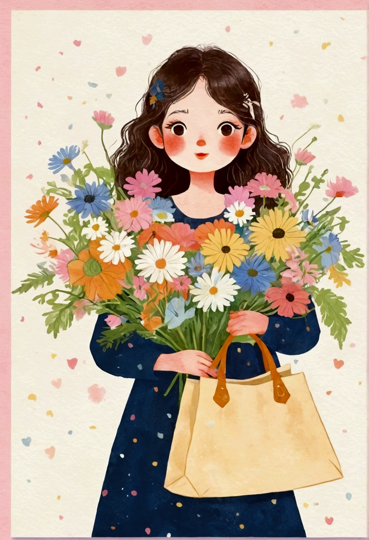 illustration of a girl holding a bouquet of flowers and a bag, Poster Art by Duan, pixiv, Folk Art, cute illustration, Samada, Japanese illustrator, Drawn in a whimsical style, colorfull illustration, #illustration, Lots of flowers, a beautiful artwork illustration, Nam Jae-yeon, illustration!, Bring flowers, Print!, beautiful digital illustration, Girl in the flowers
