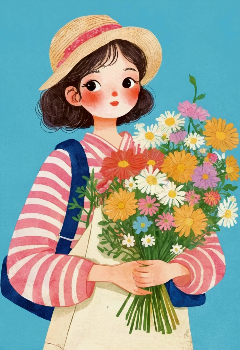 illustration of a girl holding a bouquet of flowers and a bag, Poster Art by Duan, pixiv, Folk Art, cute illustration, Samada, Japanese illustrator, Drawn in a whimsical style, colorfull illustration, #illustration, Lots of flowers, a beautiful artwork illustration, Nam Jae-yeon, illustration!, Bring flowers, Print!, beautiful digital illustration, Girl in the flowers