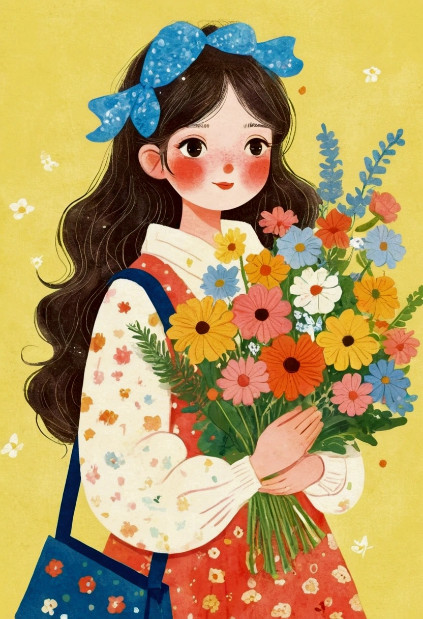illustration of a girl holding a bouquet of flowers and a bag, Poster Art by Duan, pixiv, Folk Art, cute illustration, Samada, Japanese illustrator, Drawn in a whimsical style, colorfull illustration, #illustration, Lots of flowers, a beautiful artwork illustration, Nam Jae-yeon, illustration!, Bring flowers, Print!, beautiful digital illustration, Girl in the flowers