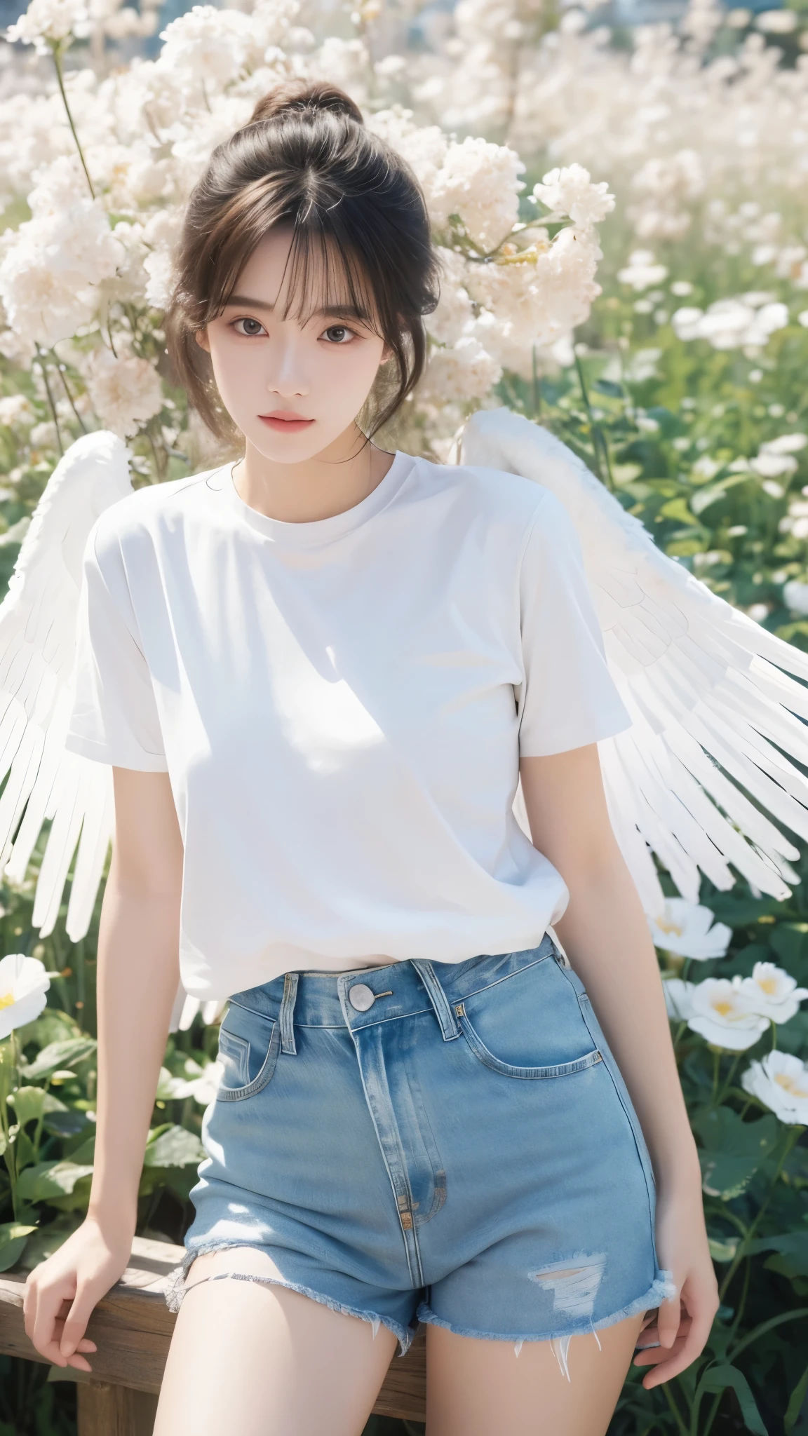 best quality, masterpiece, ultra high resolution, (lifelike:1.4), original photo, 1 girl, Big white angel wings growing on his back,Perfect plumage,T-shirts,Denim shorts, flower field, glowing skin, perfect face,parfect eye,faint smile