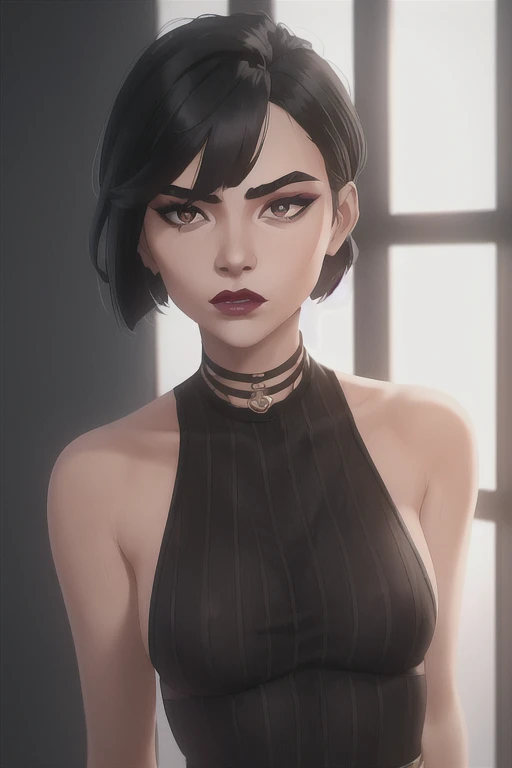young woman with a serious expression. She has a straight, back-length wolf style haircut with a bang that cover her left eye . Her hair is dark and shiny, framing her face symmetrically. She has fair skin and is wearing minimal makeup, with subtle eye makeup and bold red lipstick. Her eyebrows are well-defined, and She is wearing a black, sleeveless, ribbed top. The background is plain and well-lit, with soft shadows suggesting natural light from a nearby window