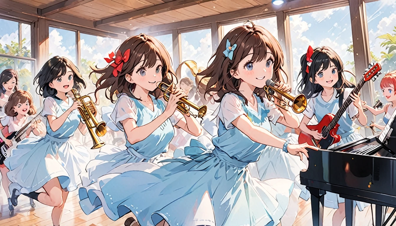 A few cute girls,Girl Band,guitar,piano,trumpet,percussion,Dancing while playing ska with musical instruments,Brown Hair,Black Hair,smile,live house