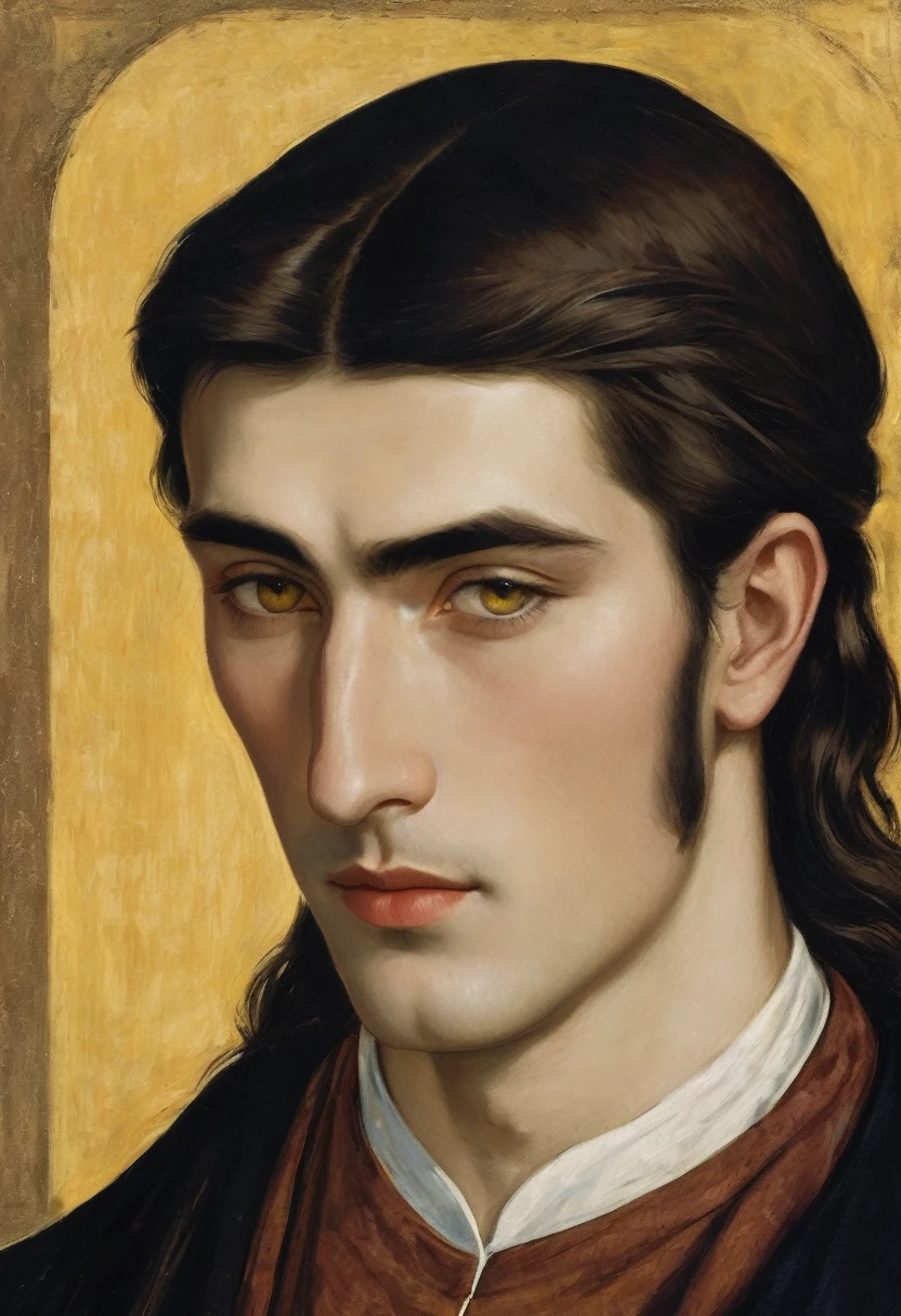 noble young adult man; long face, voluminous mouth, marked and long jaw and chin, sharp yellow eyes, arched eyebrows, straight and pointed nose, skin black, silky brown hair