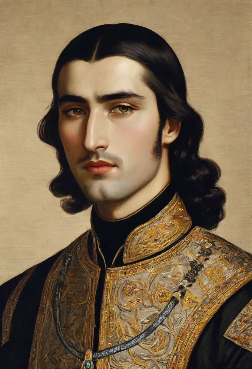 noble young adult man; long face, voluminous mouth, marked and long jaw and chin, sharp yellow eyes, arched eyebrows, straight and pointed nose, skin black, silky brown hair