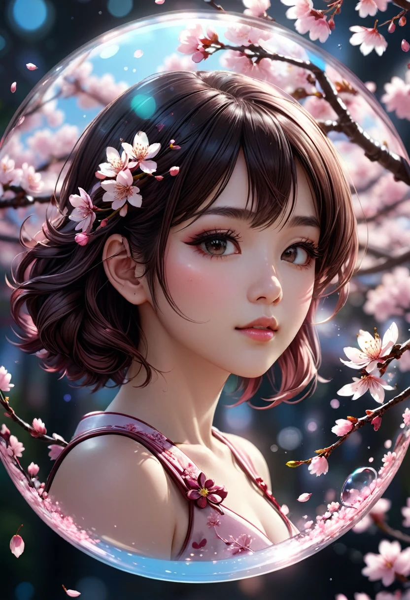 1 girl, Sakura Maiden, about beauty, Cherry blossom in a round glass, tilted 16k, sparkling bokeh surrounded by floating petals., Detailed side drawings, dark color, Amazing, complicated details, screen, Optional colors, fantasy art concept, 8k resolution is hot on Artstation Unreal Engine 5