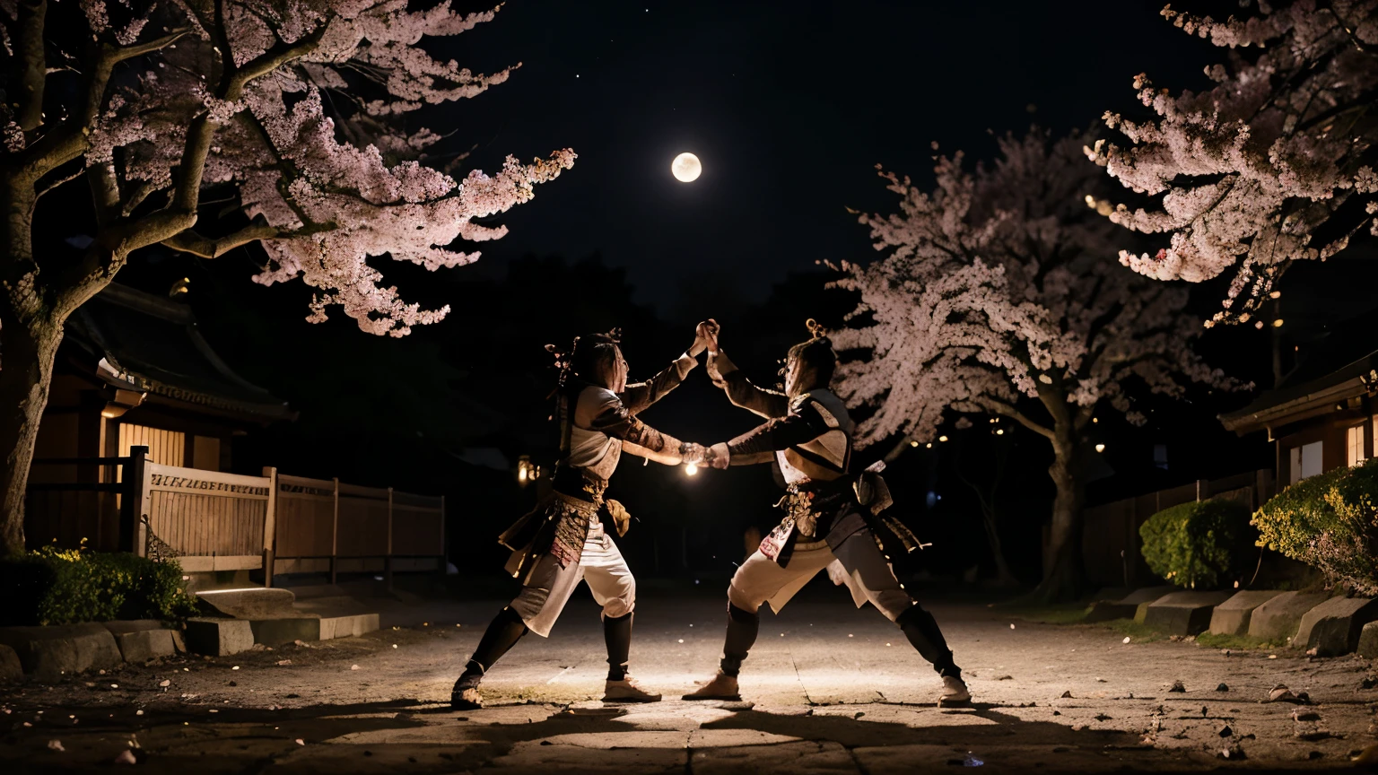 two samurais fighting under a cherry blossom tree, at night under moon light.