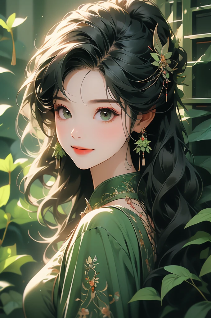 woman with Black shirt and Black flower in hair in front of green flower wall, 1girl, solo, flower, jewelry, hair ornament, earrings, hair flower, red nails, smile, long hair