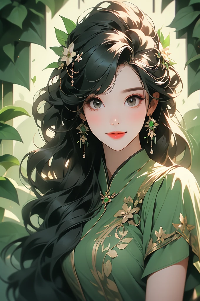 woman with Black shirt and Black flower in hair in front of green flower wall, 1girl, solo, flower, jewelry, hair ornament, earrings, hair flower, red nails, smile, long hair