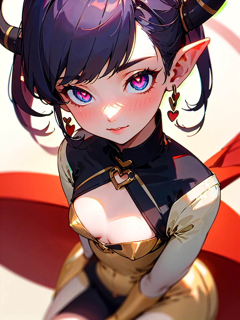 ((masterpiece, Highest quality)), One girl, (Mature Woman:1.4), 130mm f1.4 Lenses, One girl, alone, Pointed Ears, Heart-shaped pupils, Micro Dress, From above, Devil Girl, Flat Chest, Devil&#39;s Wings, saturation, colorful, Multicolored Hair, Silver Hair, Blue Hair, Variegated eyes