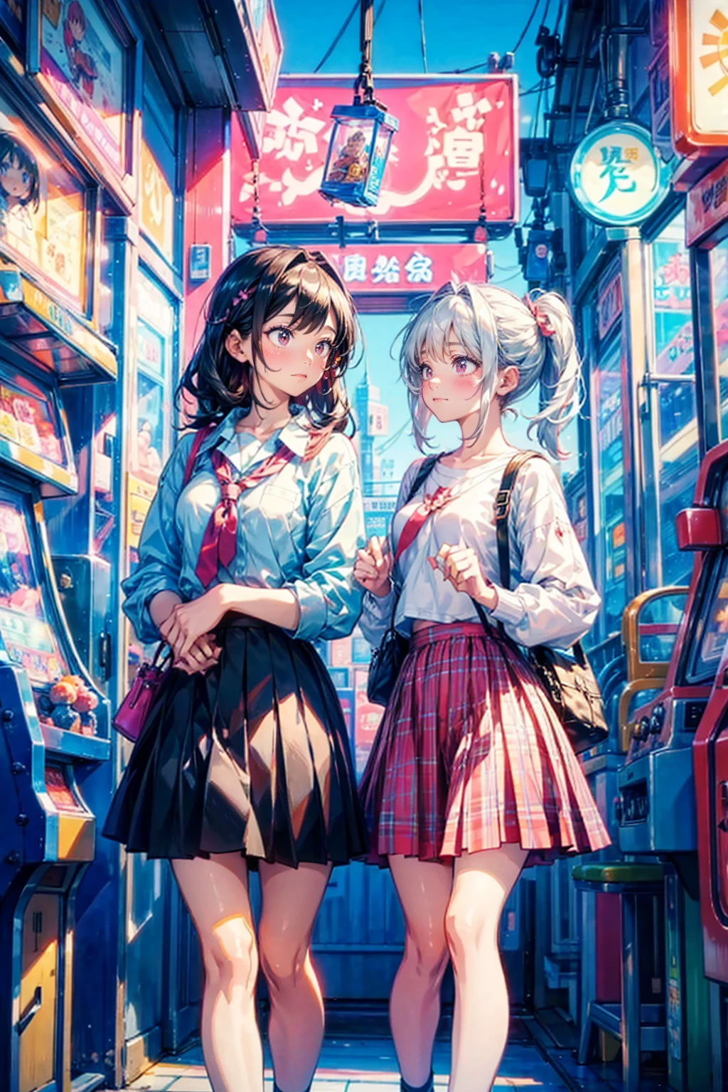 2girls,cute,in amusement arcade,crane game,shirt and skirt